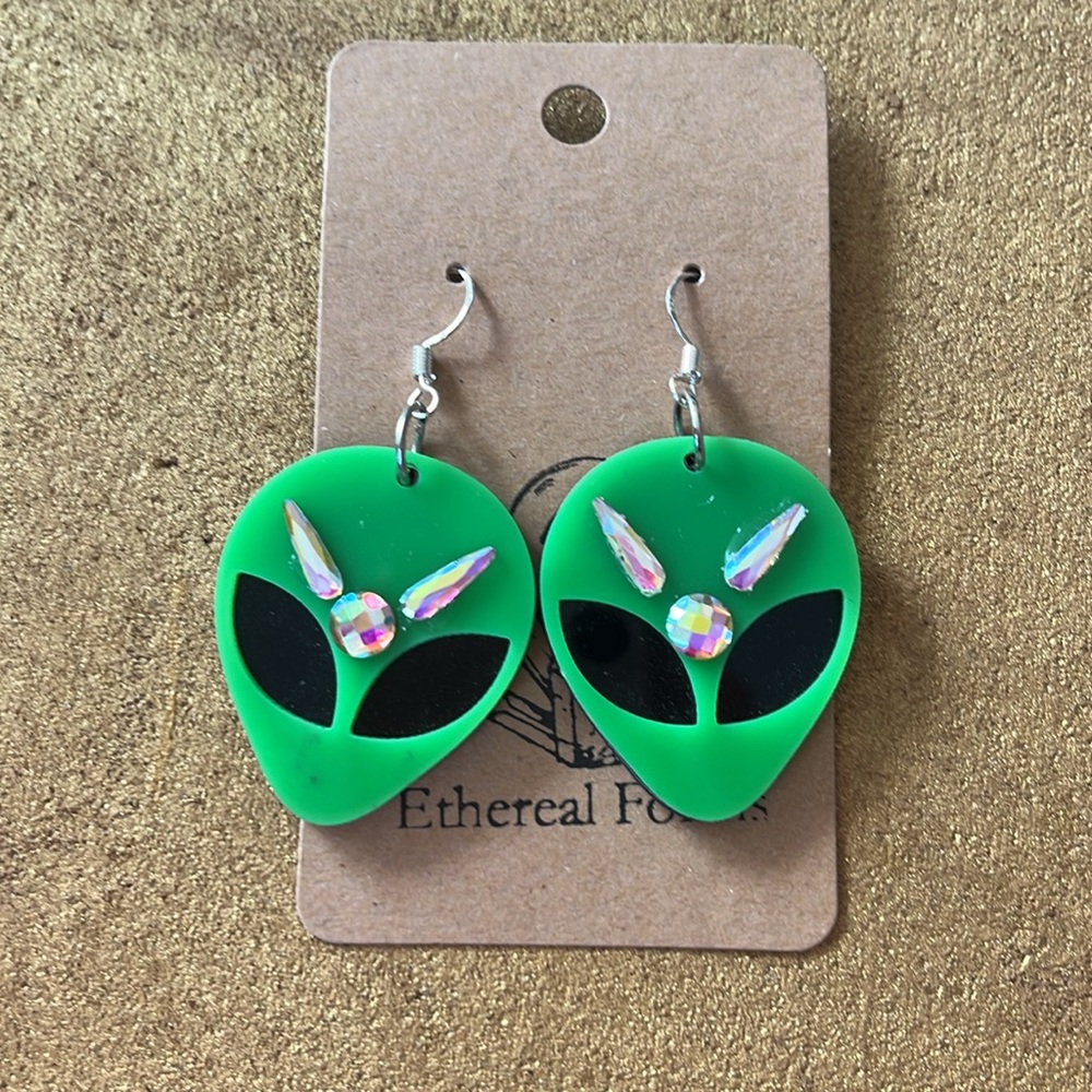 Green alien dangle earrings with holographic rhinestones